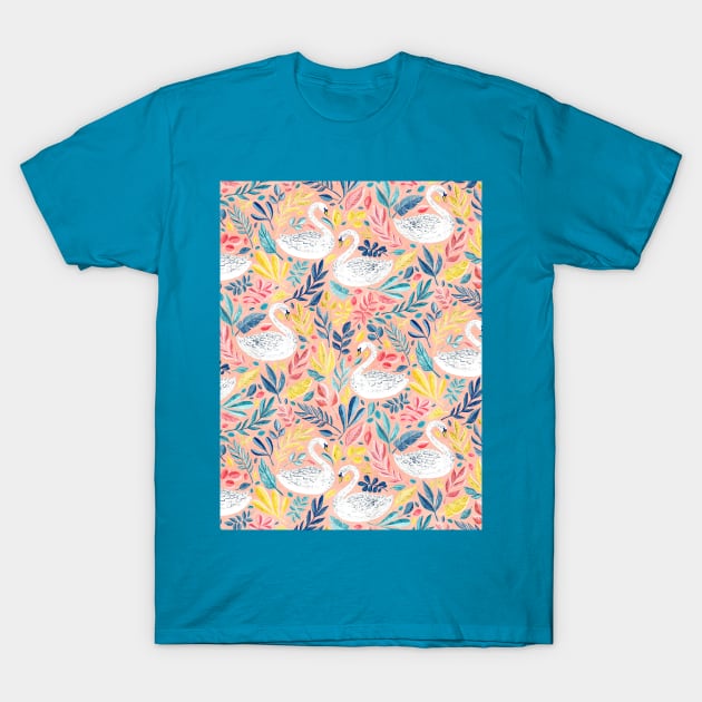 Whimsical White Swans with Lots of Leaves on Peach Pink T-Shirt by micklyn